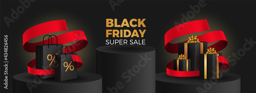 Black friday sale background with beautiful balloons and flying serpentine. Modern design.Universal vector background for poster, banners, flyers, card,advertising brochure