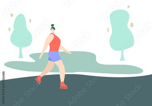 A girl is roller skating in the park. Flat style.