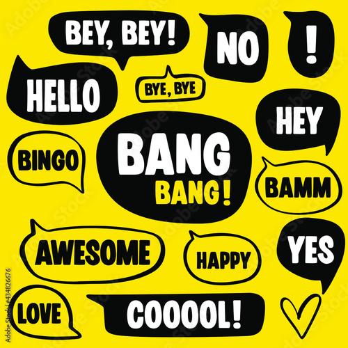 Speech bubbles in flat style. Dialogue words, conversational phrases.