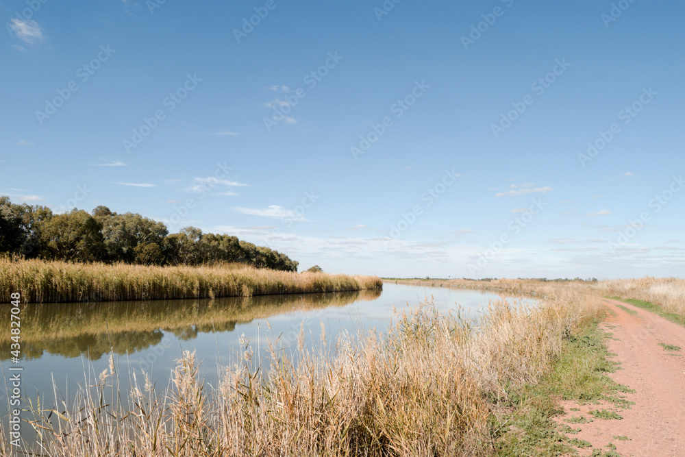 Irrigation canal full with water and reflection from trees and grass Irrigation canal full with water and reflection from trees and grass