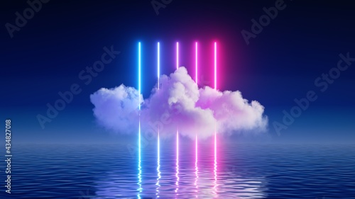 Fotografia 3d render, abstract neon background with cloud, glowing vertical lines and water