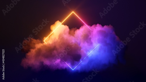 3d render, abstract minimal background with pink blue yellow neon light square frame with copy space, illuminated stormy clouds, glowing geometric shape photo