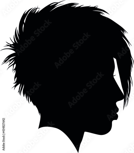 Pixie Cut, punk hairstyle for a woman. Iroquois haircut on a woman profile picture vector illustration realistic silhouette