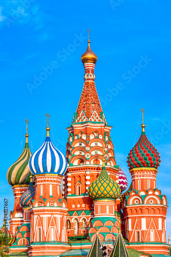 St. Basil Cathedral at Moscow Red Square. Summer sunny day. World famous Russian Moscow landmark.