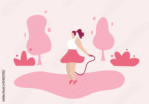 A girl jumps on a rope in the park. Flat style.