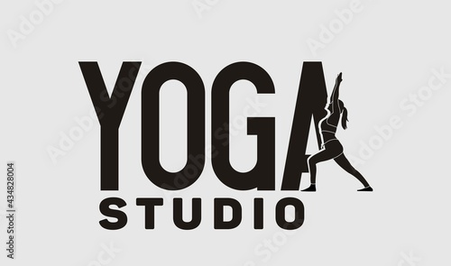 yoga logo emblem with Virabhadrasana pose, perfect for logos for yoga classes, gymnastics, sports.