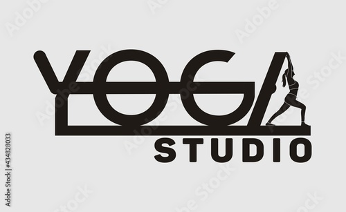 yoga logo emblem with Virabhadrasana pose, perfect for logos for yoga classes, gymnastics, sports. photo