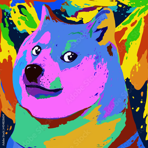 Dogecoin Big Icon illustration design. New safe crypto animal profile art. Elite Gold money coin background. Fun art space style illustration.
