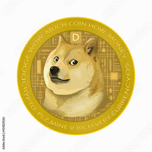 Dogecoin Big Icon illustration design. New safe crypto animal profile art. Elite Gold money coin background. Fun art space style illustration.