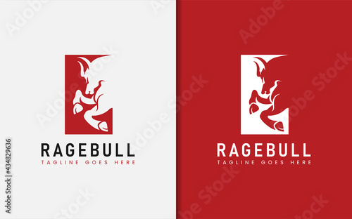 Red Box Square With Raging Bull Silhouette Inside Logo Design.