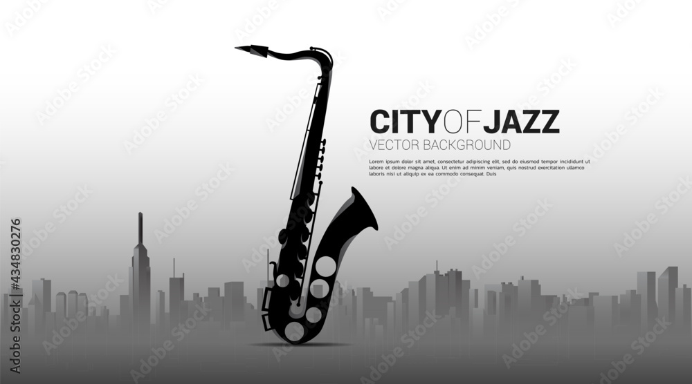 Vector silhouette of saxophone with city background. Concept for city of jazz music. - obrazy, fototapety, plakaty 