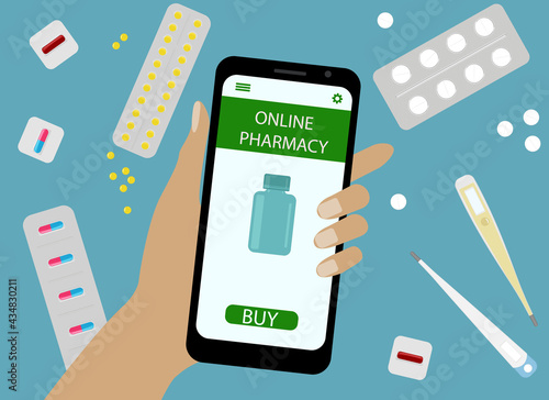 Online drug purchase concept. Hand with mobile phone and online pharmacy application.