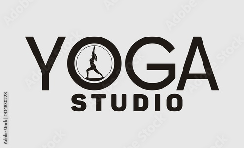 yoga logo emblem with Virabhadrasana pose, perfect for logos for yoga classes, gymnastics, sports.
