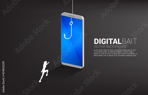 Silhouette of businessman running to fishing hook in mobile phone. Concept of digital scam and fraud in business.