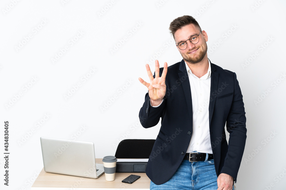 Russian man in a office isolated on white background happy and counting four with fingers Russian man in a office isolated on white background happy and counting four with fingers