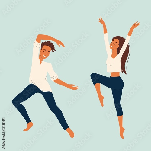 Two young dancers guy and girl, vector dancing characters in flat style, set of dancers.