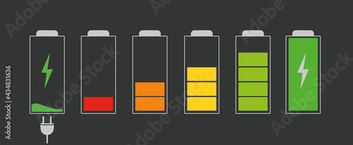 Battery with different charge levels. Car battery indicator, battery charge signs. Charging energy sign on a dark background with a socket.