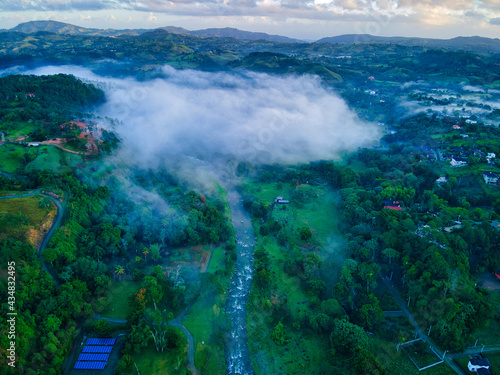 Sunrise in a small town in the Dominican Republic with clouds