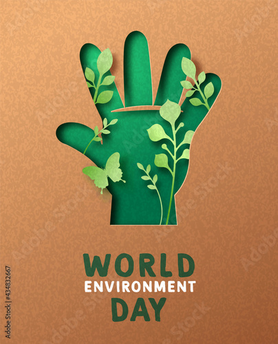 Environment day green hand leaf paper cut card