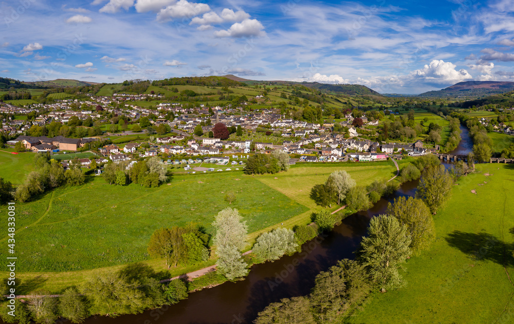 Aerial drone view of the Welsh town of Crickhowell