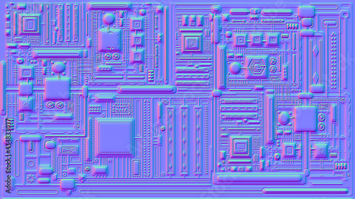 Motherboard microchip normal map illustration. New Best 3d style texture cyber engineering project background design. photo