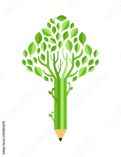 Green pencil tree concept isolated for education