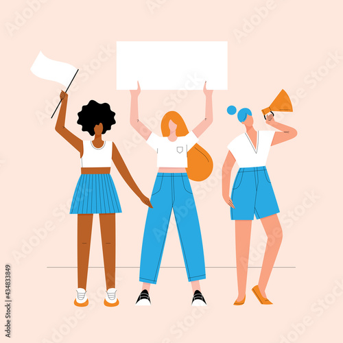 Group of diverse young modern women standing together and holding blank sign, flag and megaphone. Woman rights and solidarity concept. Hand drawn colorful vector illustration.
