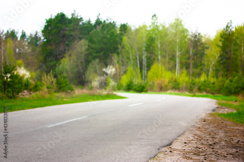 A beautiful forest road. A winding asphalted road without cars in a wood among green trees on a spring day. Car travel concept. Exploring nearby places, attractions, natural objects. Spring landscape.