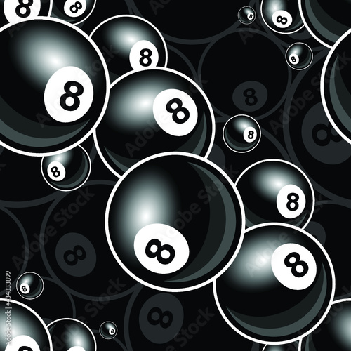 Vector seamless pattern with billiard pool snooker 8 ball symbol. Ideal for wallpaper, wrapper, packaging, fabric, textile, paper design and any kind of decoration