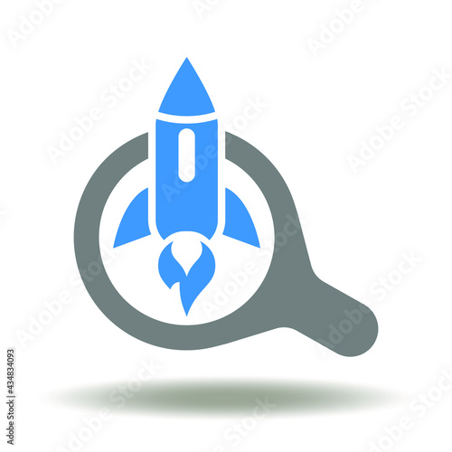 Magnifier with rocket vector illustration. Startup search, analysis, management, control symbol.