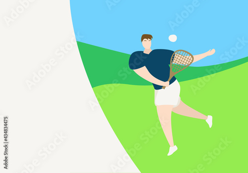 A male athlete plays tennis on the street. Banner. Flat style.