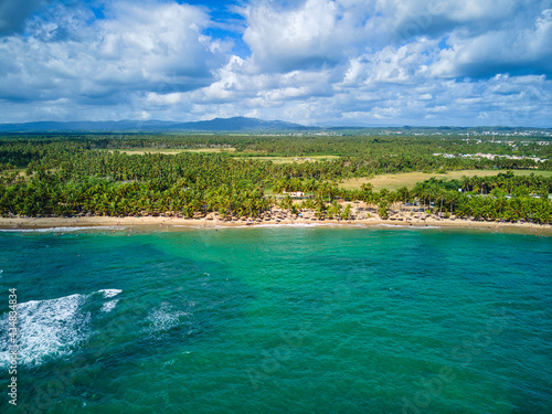 Beach with palm trees panoramic view, Nagua, Dominican Republic