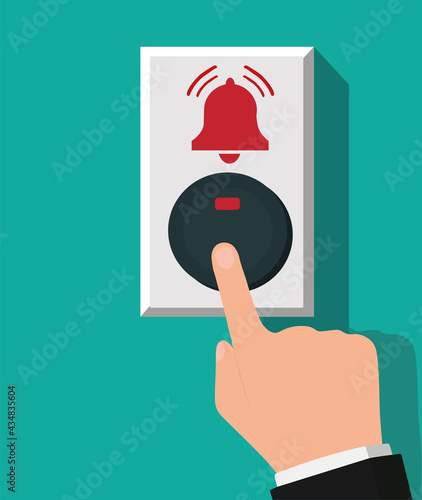 Male hand pushes doorbell button flat style design. Finger touches door bell switch button to ring. Illustration.