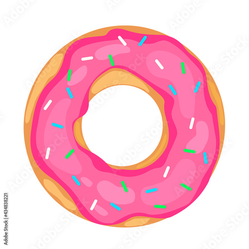 Cute donut with pink glaze isolated on white . Yummy doughnut icon. Vector template for poster, banner, flyer, sticker, t-shirt, postcard, logo design, etc