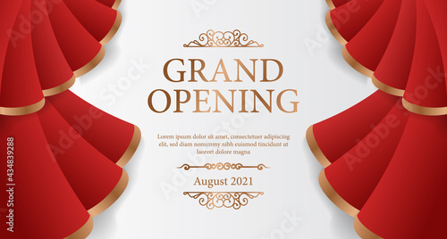 Elegant luxury grand opening poster banner with red silk curtain wave open illustration