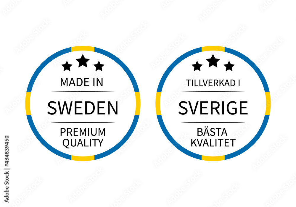Made in Sweden round labels in English and in Swedish languages. Quality mark vector icon. Perfect for logo design, tags, badges, stickers, emblem, product package, etc Made in Sweden round labels in English and in Swedish languages. Quality mark vector icon. Perfect for logo design, tags, badges, stickers, emblem, product package, etc