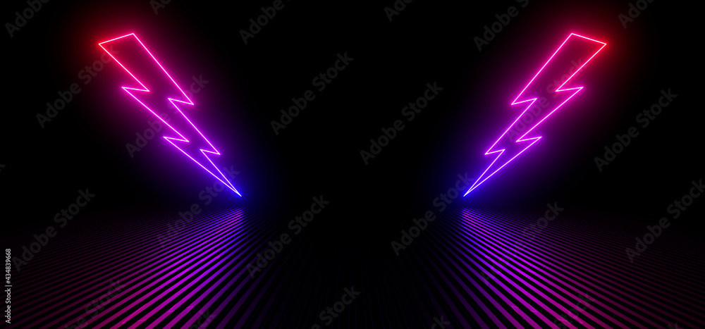 Sci Fy neon lamps in a dark hall. Reflections on the floor and walls. 3d rendering image. Sci Fy neon lamps in a dark hall. Reflections on the floor and walls. 3d rendering image.