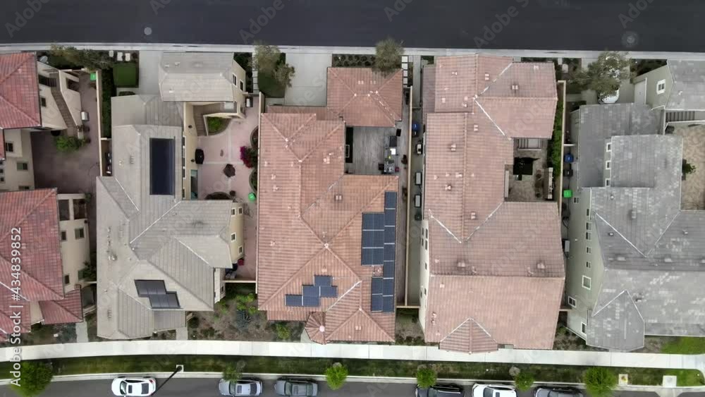 Birdseye aerial, solar panel on roof of Tustin home, house in neighborhood Birdseye aerial, solar panel on roof of Tustin home, house in neighborhood