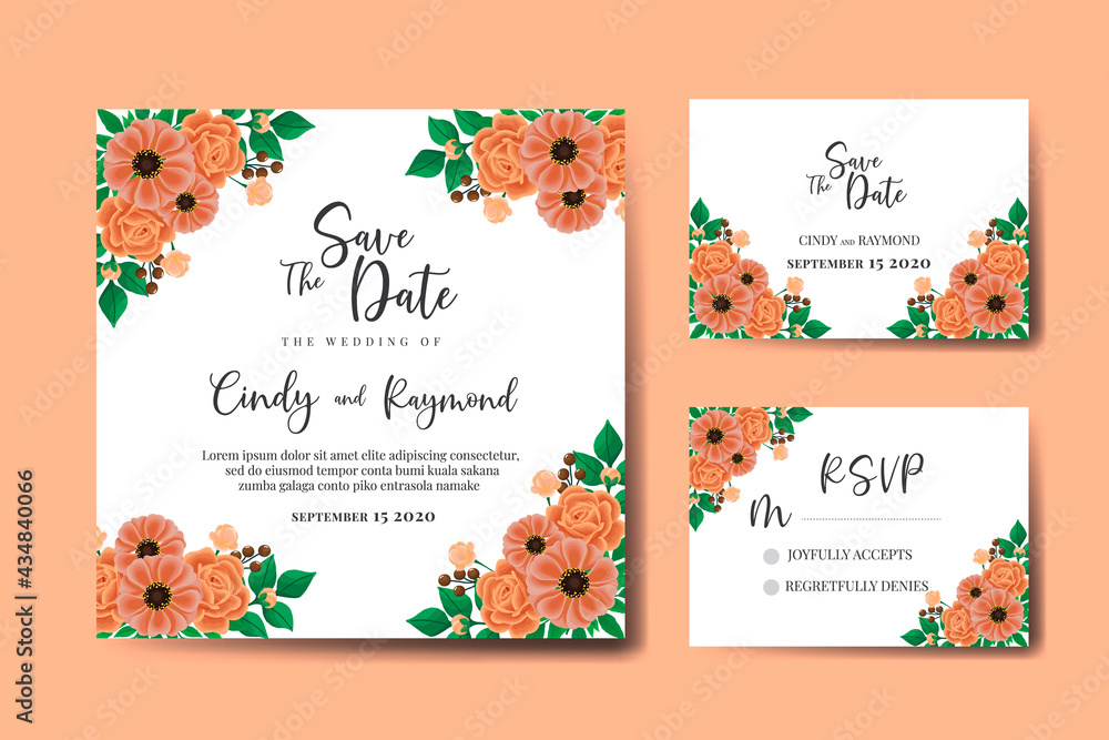Fototapeta premium Wedding invitation frame set, floral watercolor hand drawn Zinnia with Rose Flower design Invitation Card Template