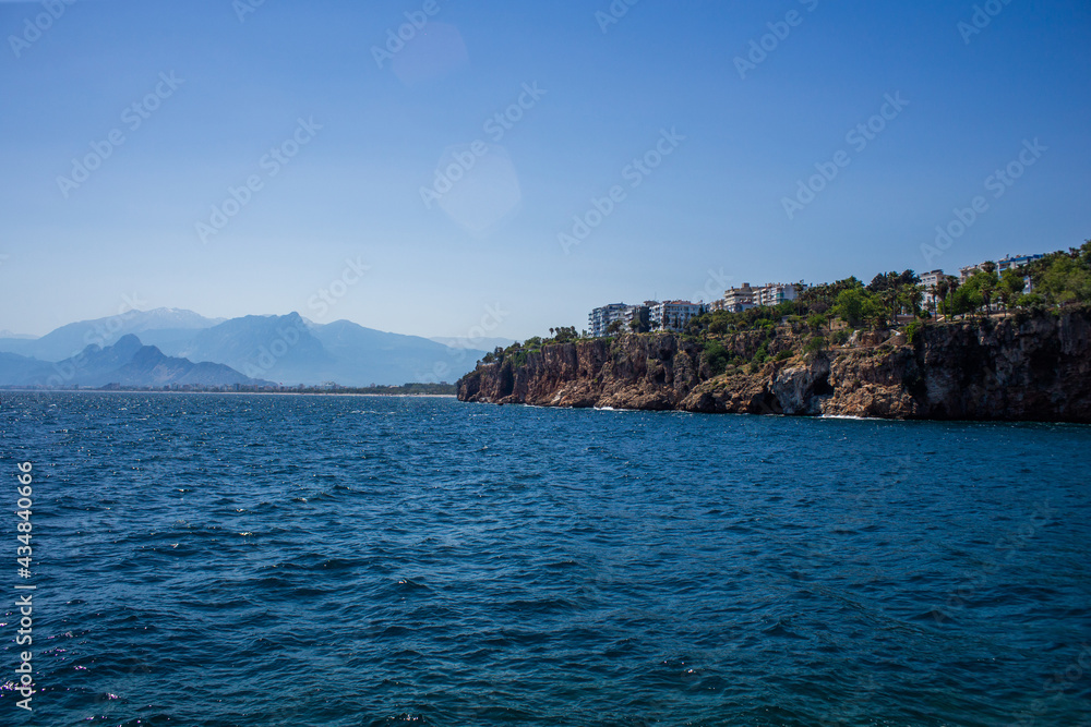 View of the mediterranean sea against the backdrop of high taurus mountains