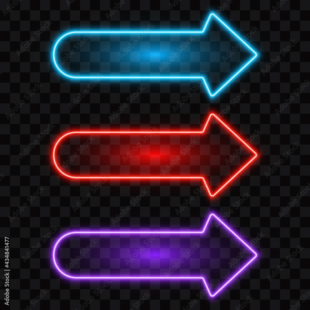 Neon arrow, blue, red and purple sign, vector illustration.