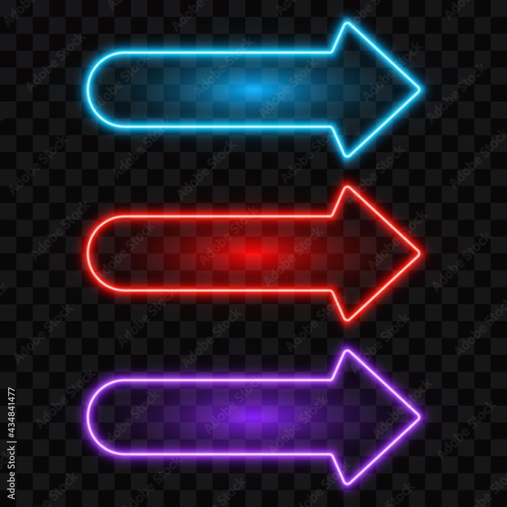Neon arrow, blue, red and purple sign, vector illustration. Neon arrow, blue, red and purple sign, vector illustration.