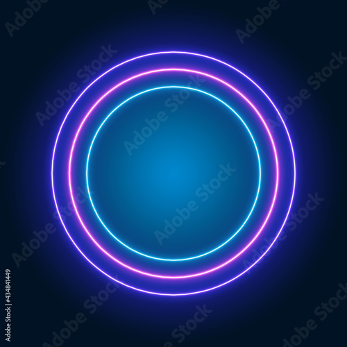 Round neon sign, blue and purple glowing frame on dark background, vector illustration.
