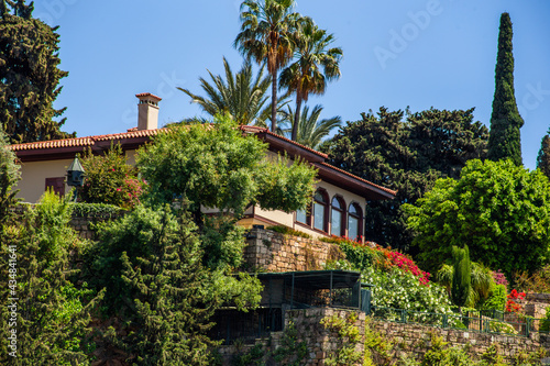 Antalya, Turkey 05.20.2021: Villa in Italian style located on a hill surrounded by greenery on the hall