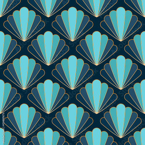 Vintage Art Deco Style Repeat Pattern With Fan Motifs In Shades Of Green And Blue With Golden Details. Art Deco Shells Seamless Pattern Design For Home D  cor  Wallpaper  Interior Design.