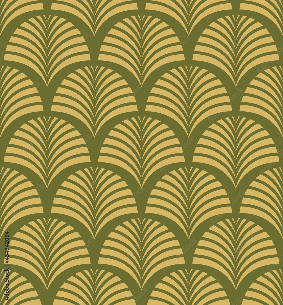Botanical Art Deco Style Repeat Pattern Design With Stylized Palm Leaf Motifs In Olive Green. Floral Vintage Seamless Vector Pattern. Botanical Art Deco Style Repeat Pattern Design With Stylized Palm Leaf Motifs In Olive Green. Floral Vintage Seamless Vector Pattern.