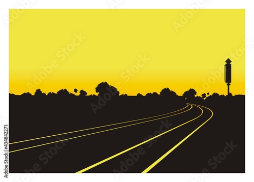 Railroad in perspective view with trees silhouette background