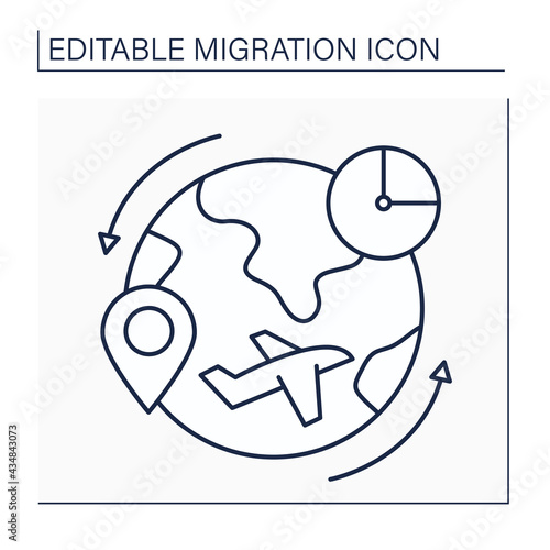Return migration line icon. Coming home from non-native country. Restoring to homeland. Migration concept. Isolated vector illustration. Editable stroke