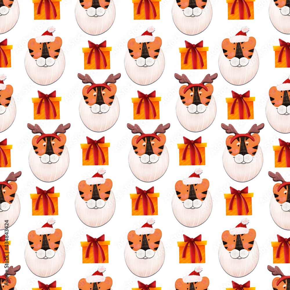 Obraz premium Seamless pattern with the image of a tiger and a gift