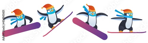 Penguin snowboard in various poses character